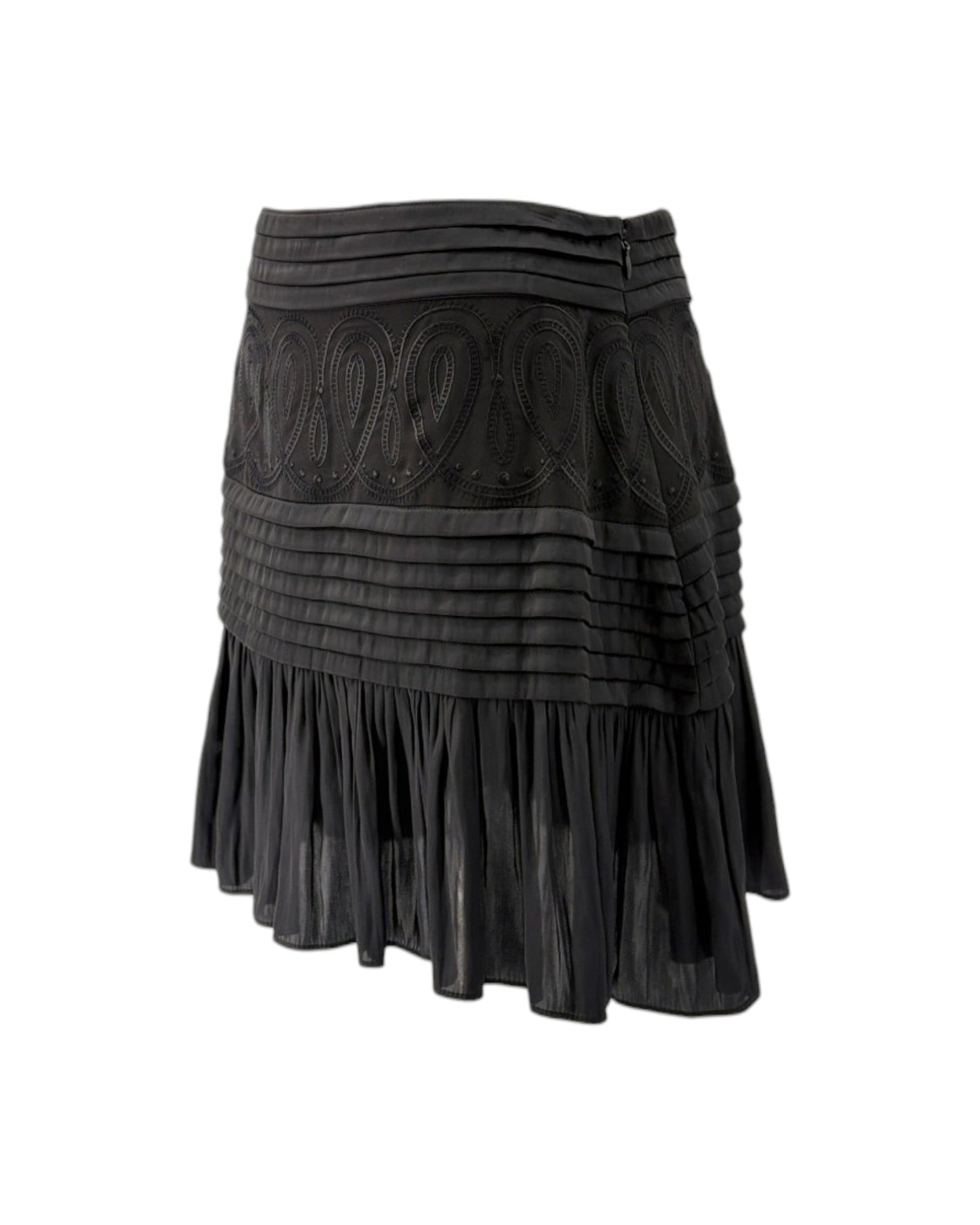 Black skirt with textured design on a white background