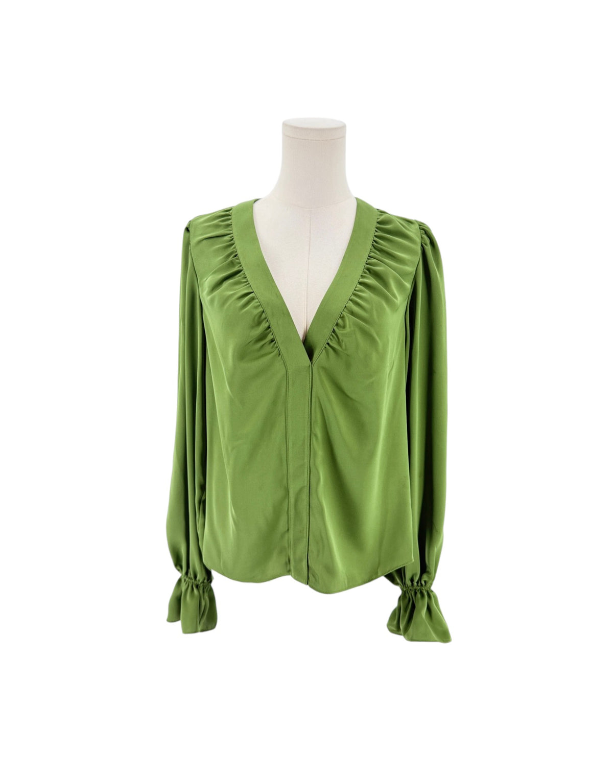 An olive green long-sleeve blouse with a gathered V-neckline and ruffled cuffs, displayed on a white mannequin torso against a plain white background.