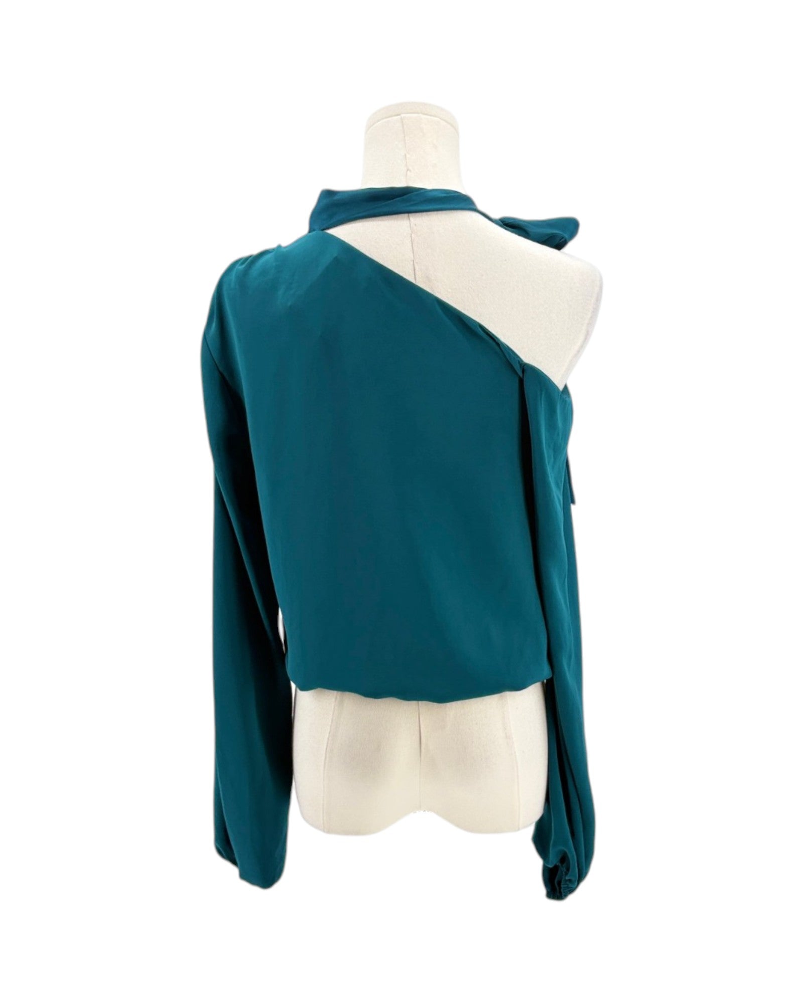 Teal one-shoulder top on a mannequin against a white background