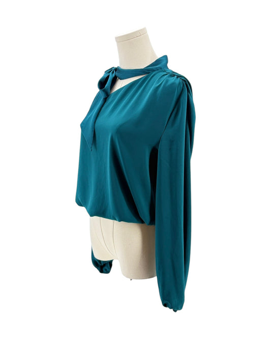 Teal blouse on a mannequin against a white background