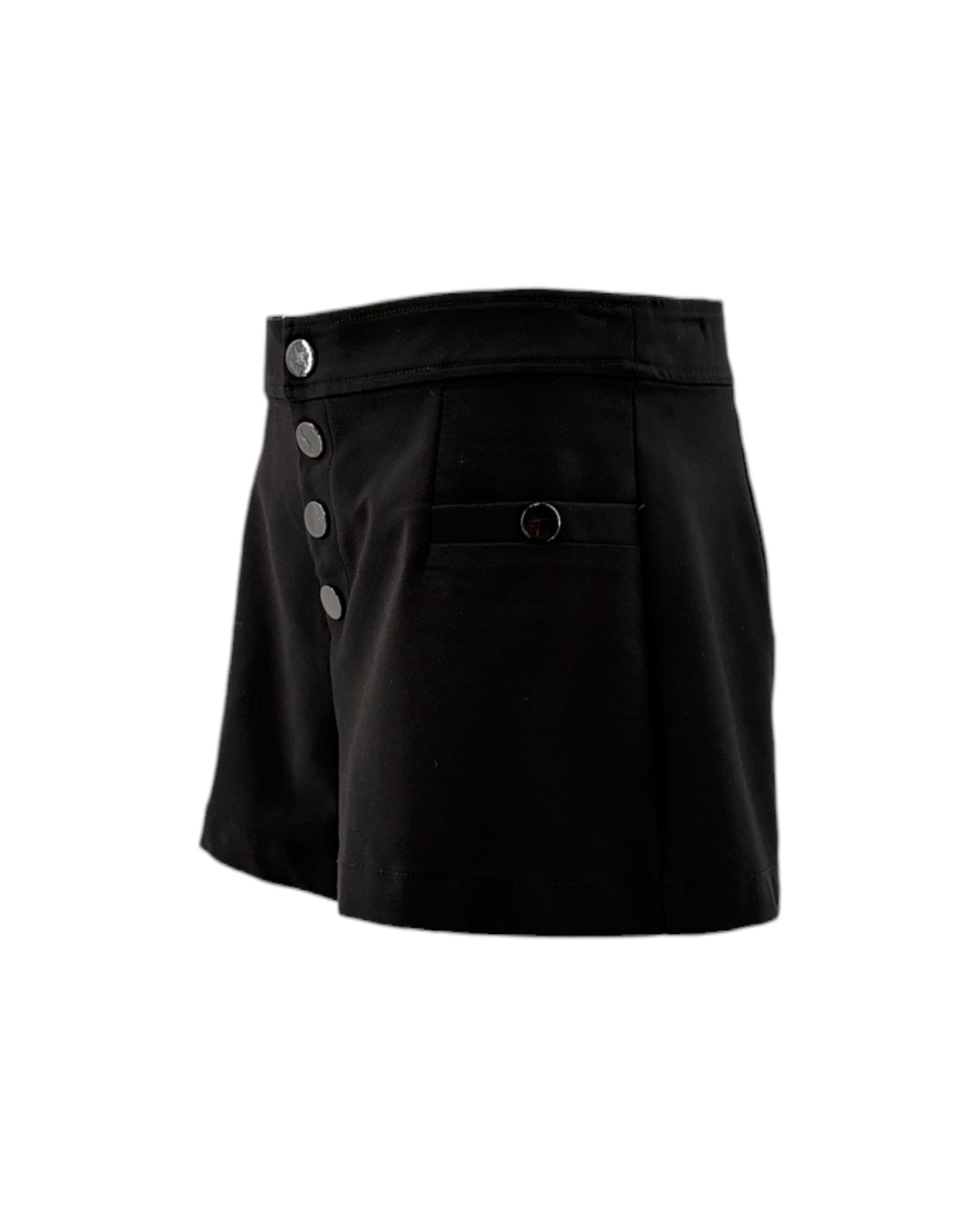 Black shorts with button details on a white background