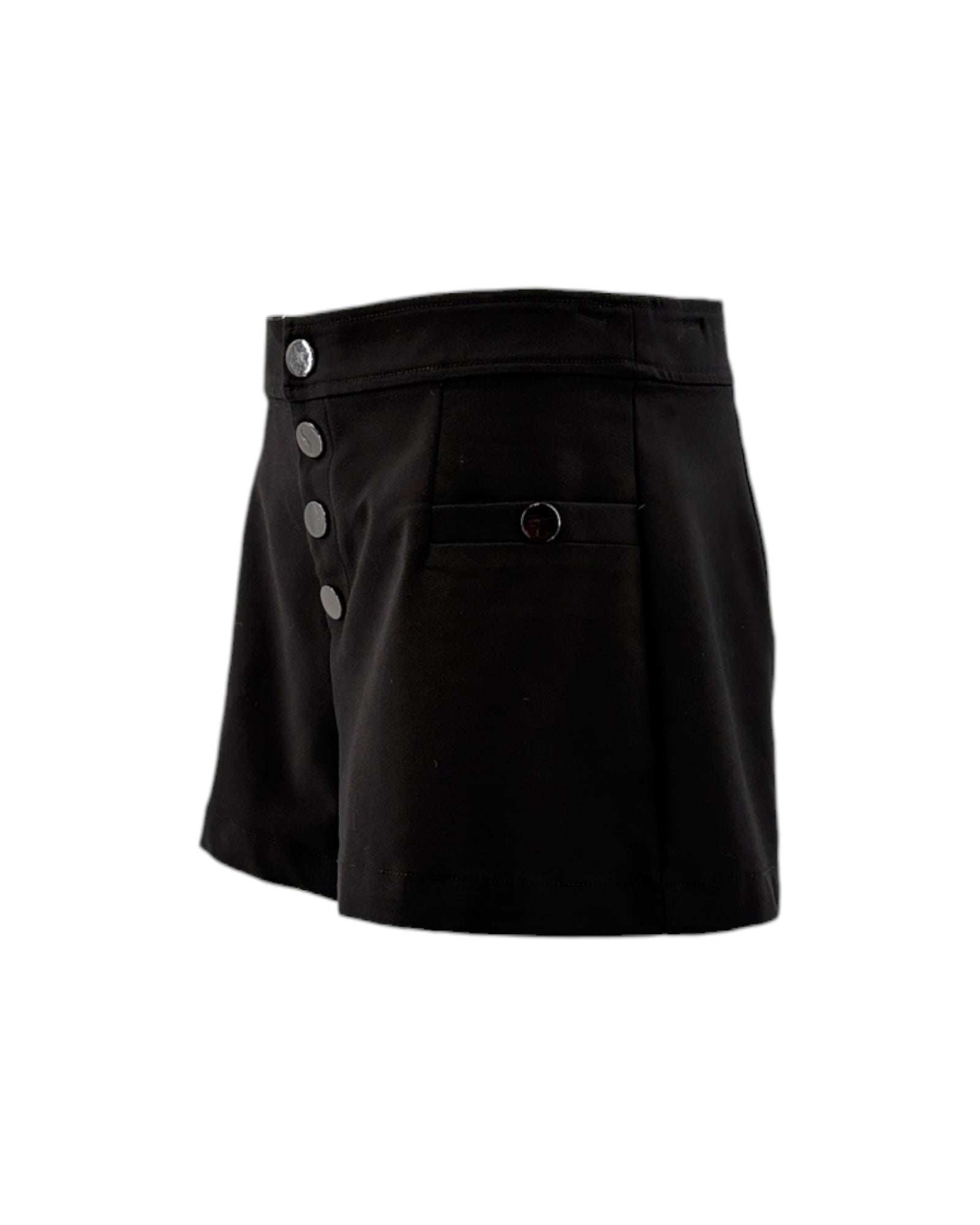 Black shorts with button details on a white background