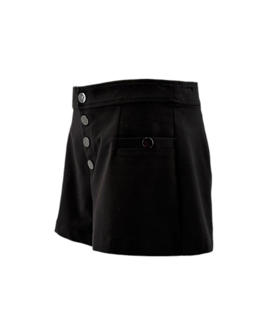Black shorts with button details on a white background