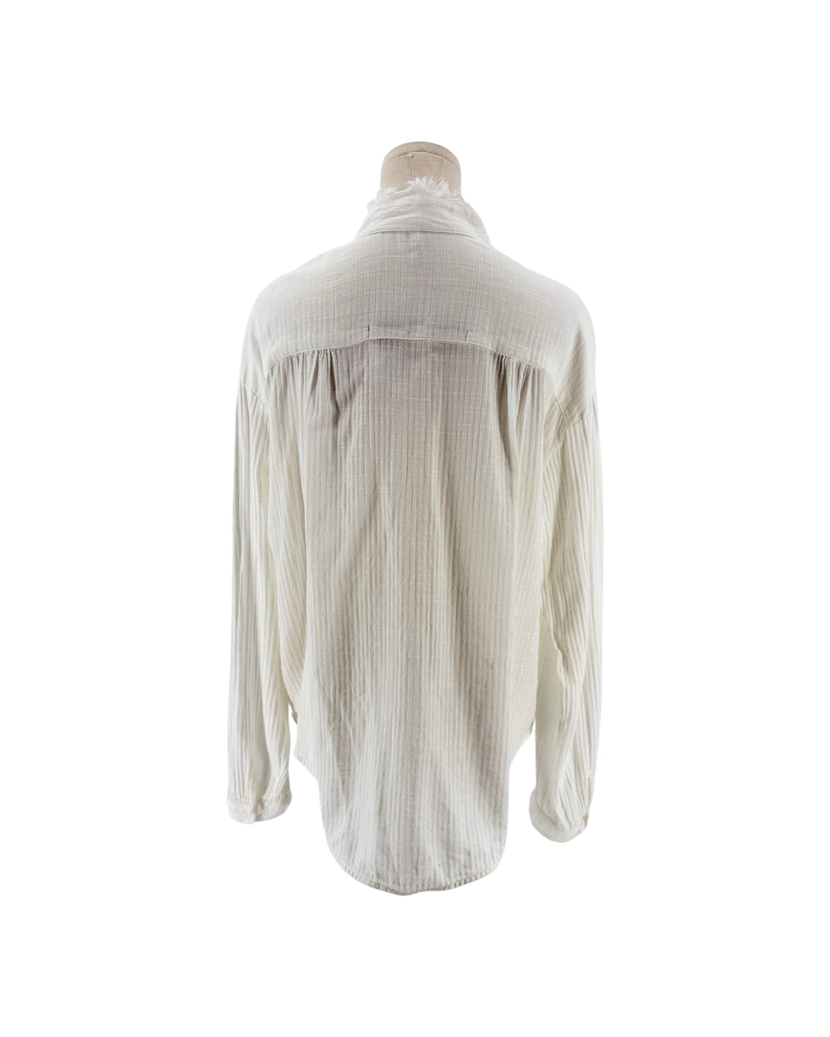 White button down blouse on a white background on a mannequin