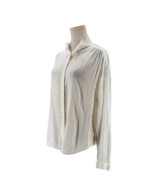 White button down blouse with a raw edge neckline and cuffs, round neckline, long sleeve with button cuff, front button-down closure, transparent fabric on a white background on a mannequin