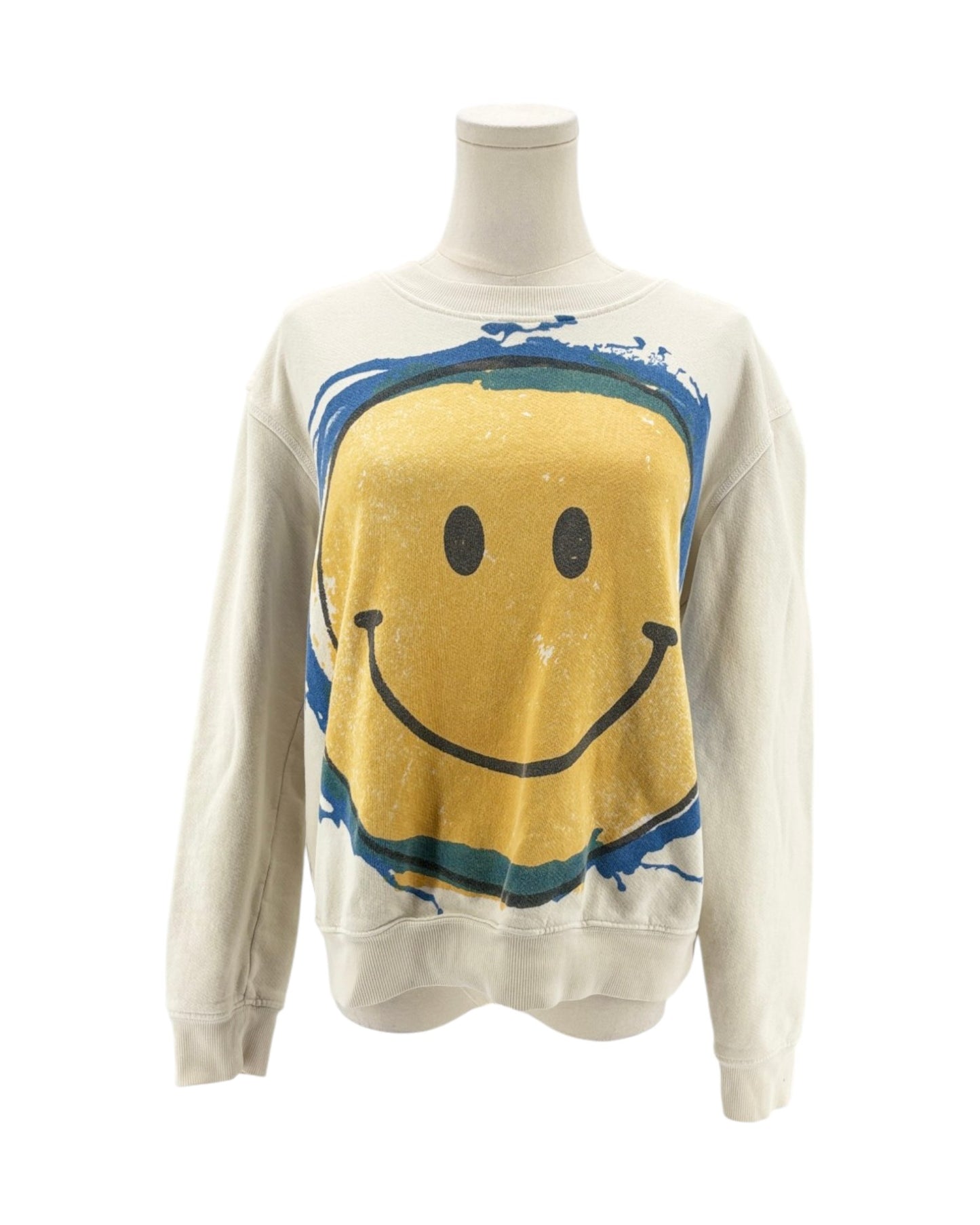 Cream sweatshirt with smiley face design on a mannequin on a white background