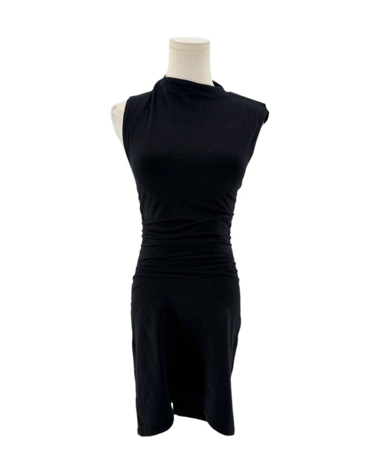 A sleeveless black dress with a draped mock neck and gathered waist, displayed on a white mannequin torso against a plain white background.