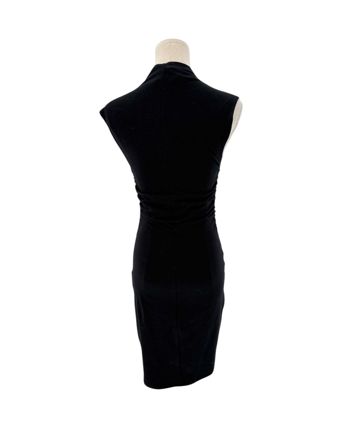 A black sleeveless bodycon dress displayed on a cream-colored dress form mannequin against a plain white background.