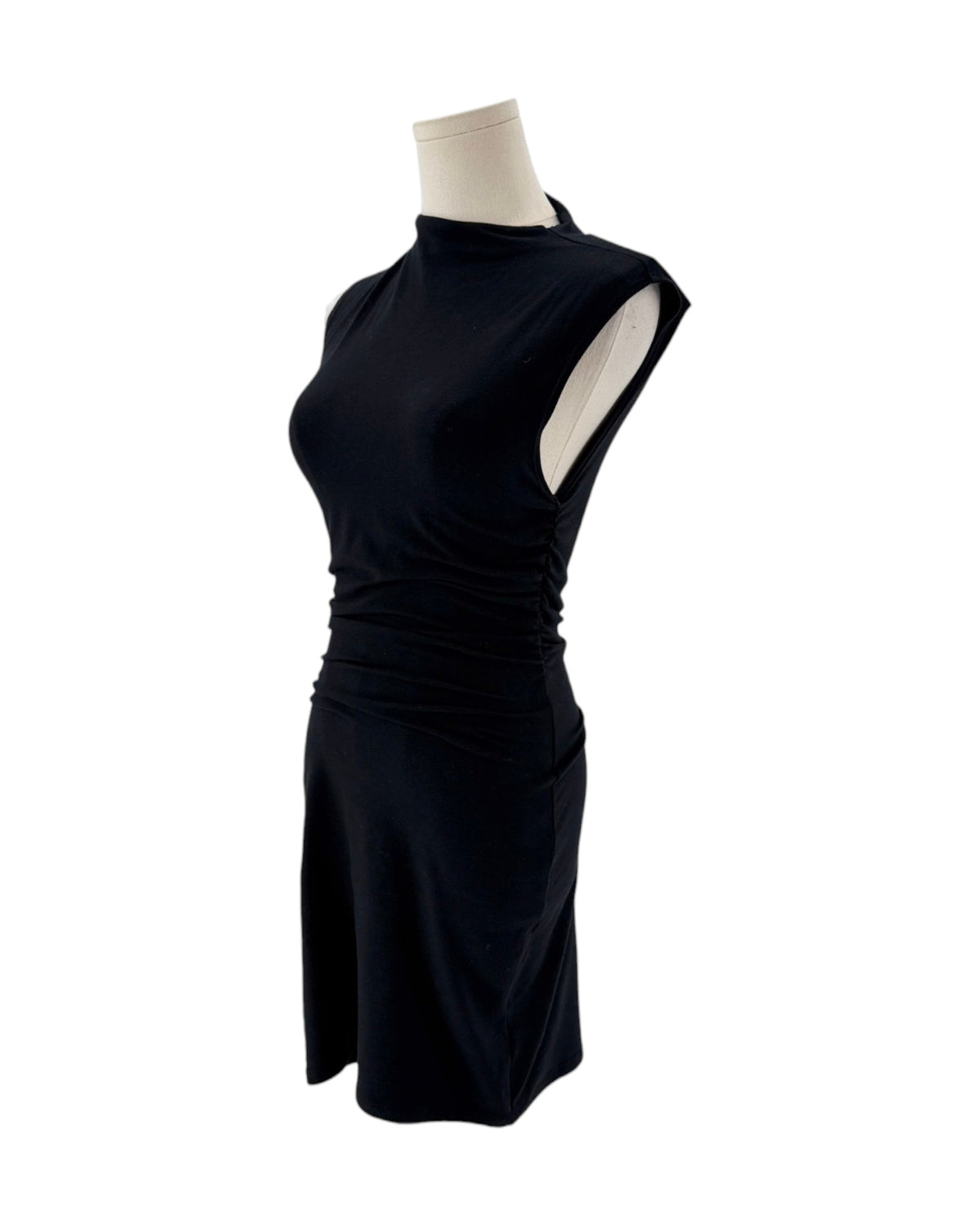 A sleeveless black mock-neck dress displayed on a white mannequin torso against a plain white background.