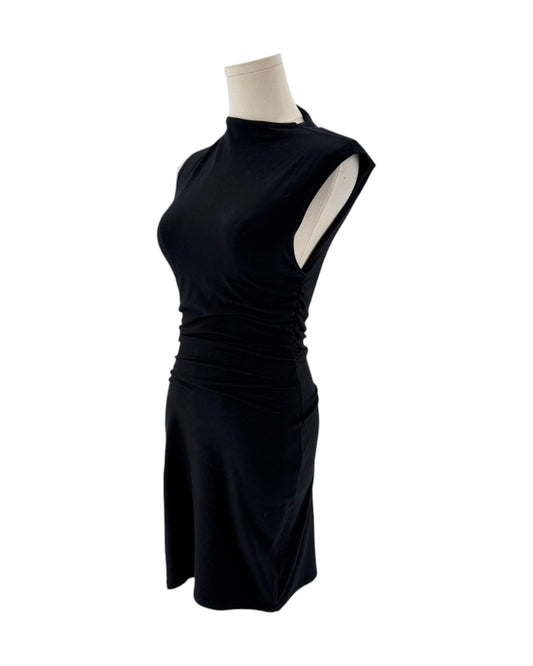 A sleeveless black mock-neck dress displayed on a white mannequin torso against a plain white background.