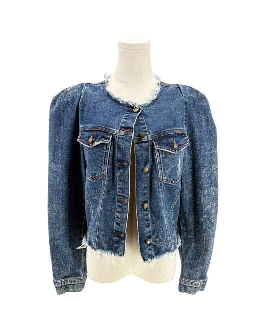 Blue denim jacket on a mannequin against a white background
