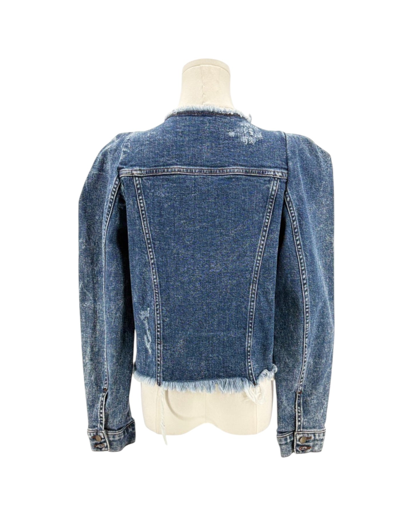 Blue denim jacket on a mannequin against a white background