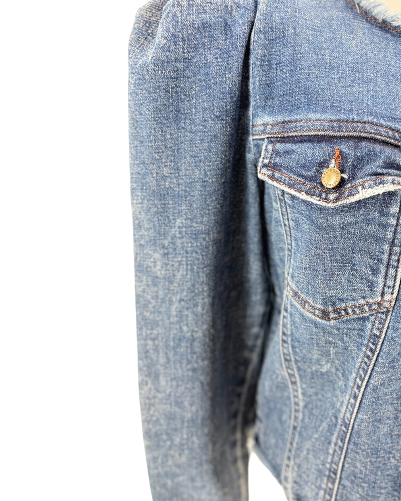 Close-up of a blue denim jacket on a white background