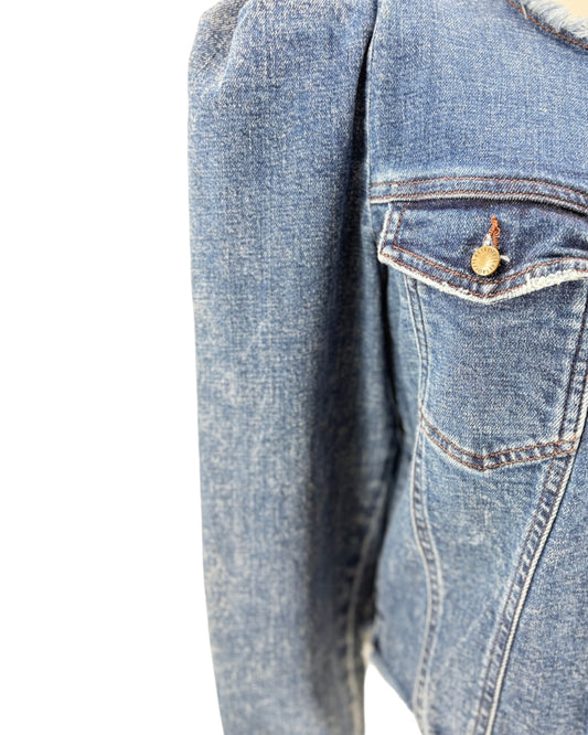 Close-up of a blue denim jacket on a white background