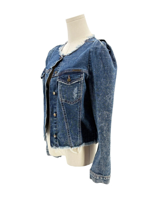 Blue denim jacket on a mannequin against a white background