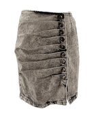 Gray denim skirt with button details on a white background