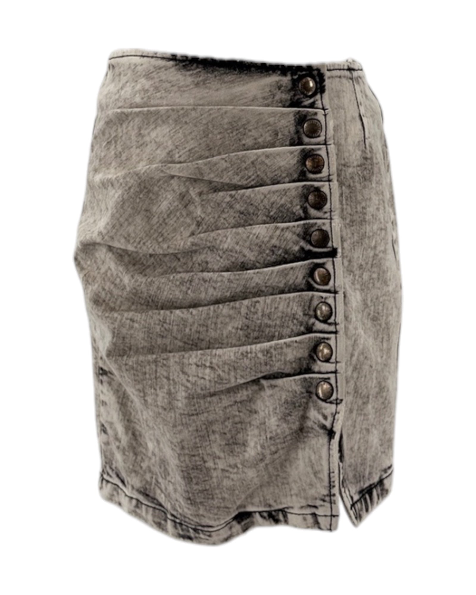 Gray denim skirt with button details on a white background