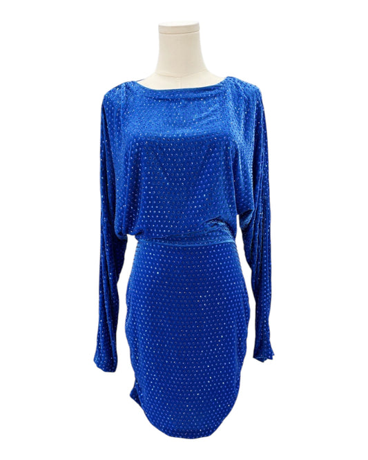 Blue sequin dress on a mannequin against a white background