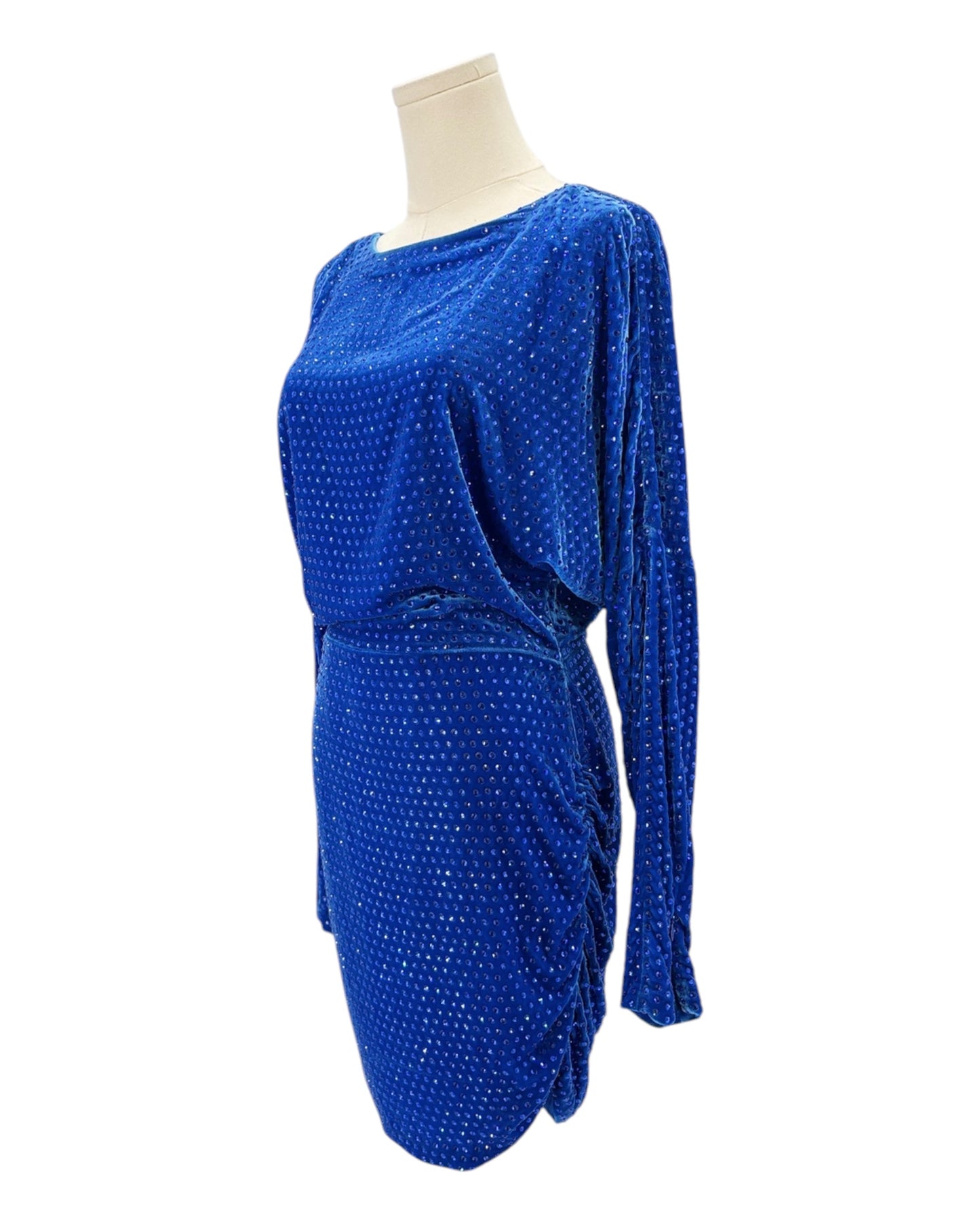 Blue sequin dress on a mannequin against a white background