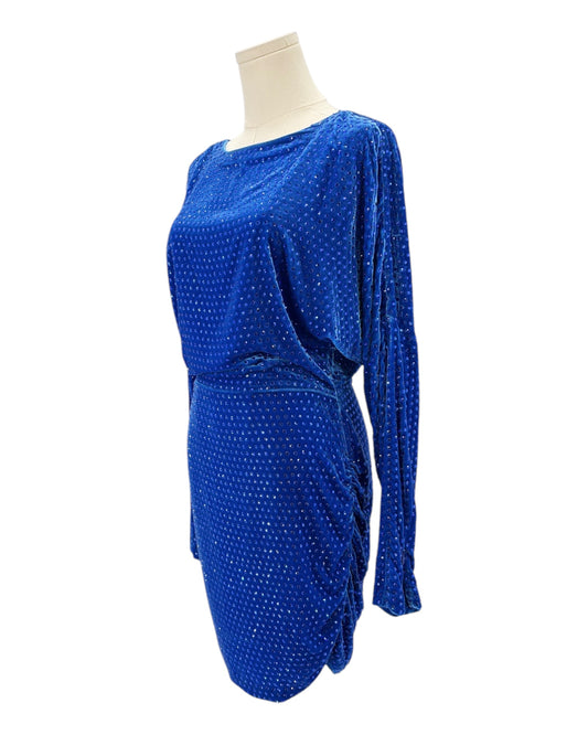 Blue sequin dress on a mannequin against a white background
