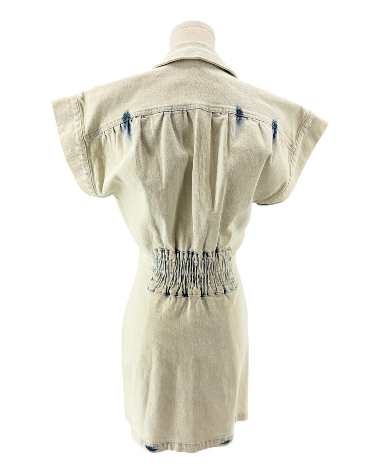 Retrofete denim dress on a mannequin with blue accents against a white background