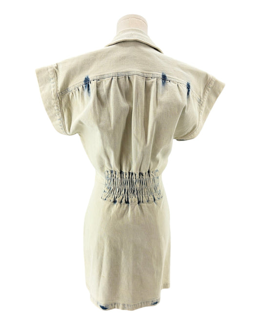 Retrofete denim dress on a mannequin with blue accents against a white background