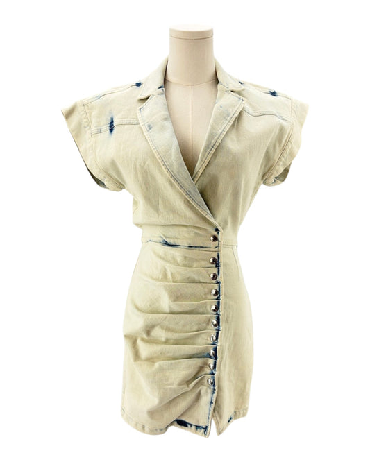 Retrofete denim dress on a mannequin with blue accents against a white background