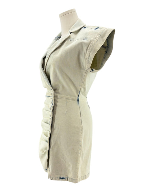 Retrofete denim dress on a mannequin with blue accents against a white background