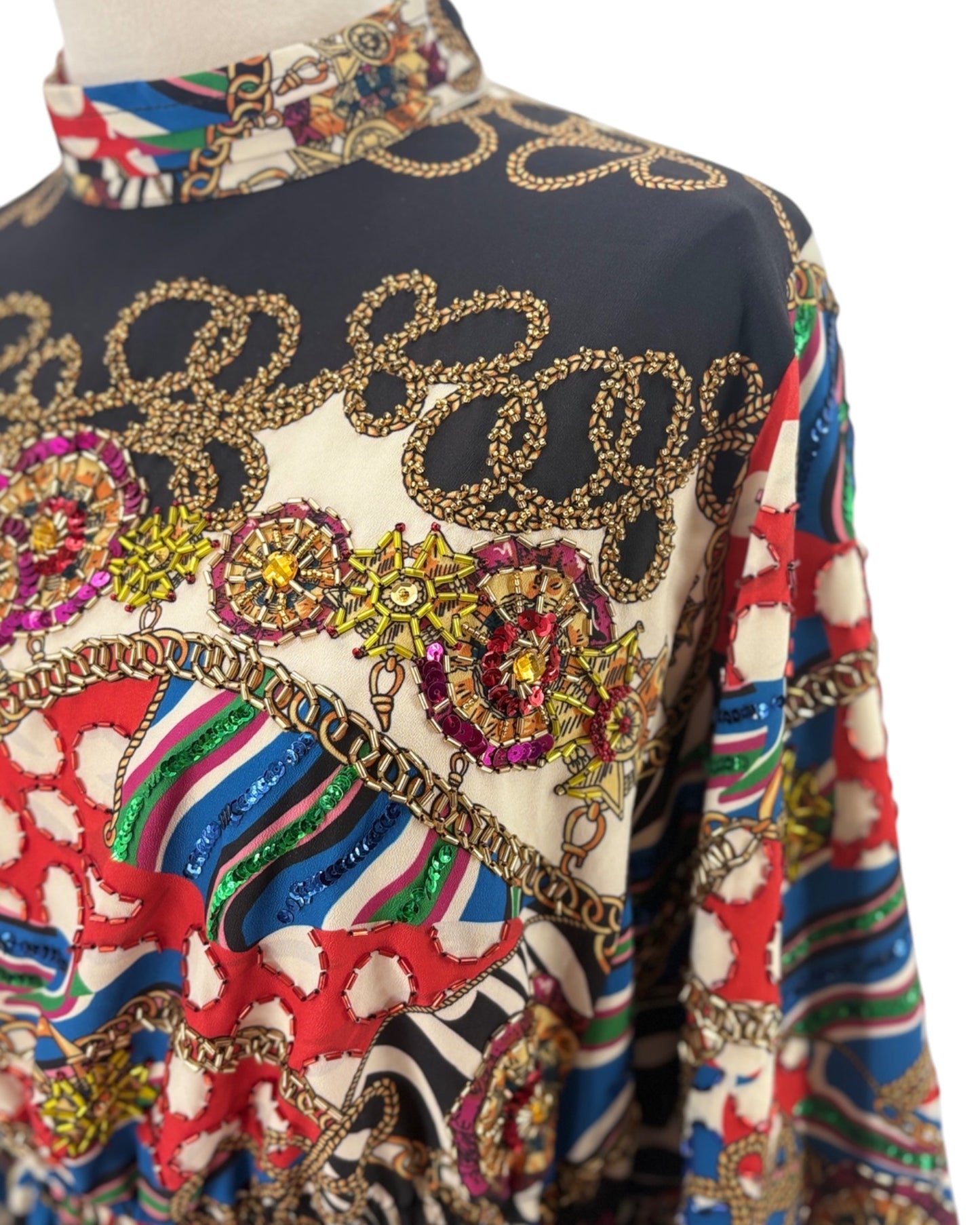 Colorful embroidered garment with intricate patterns on a white background