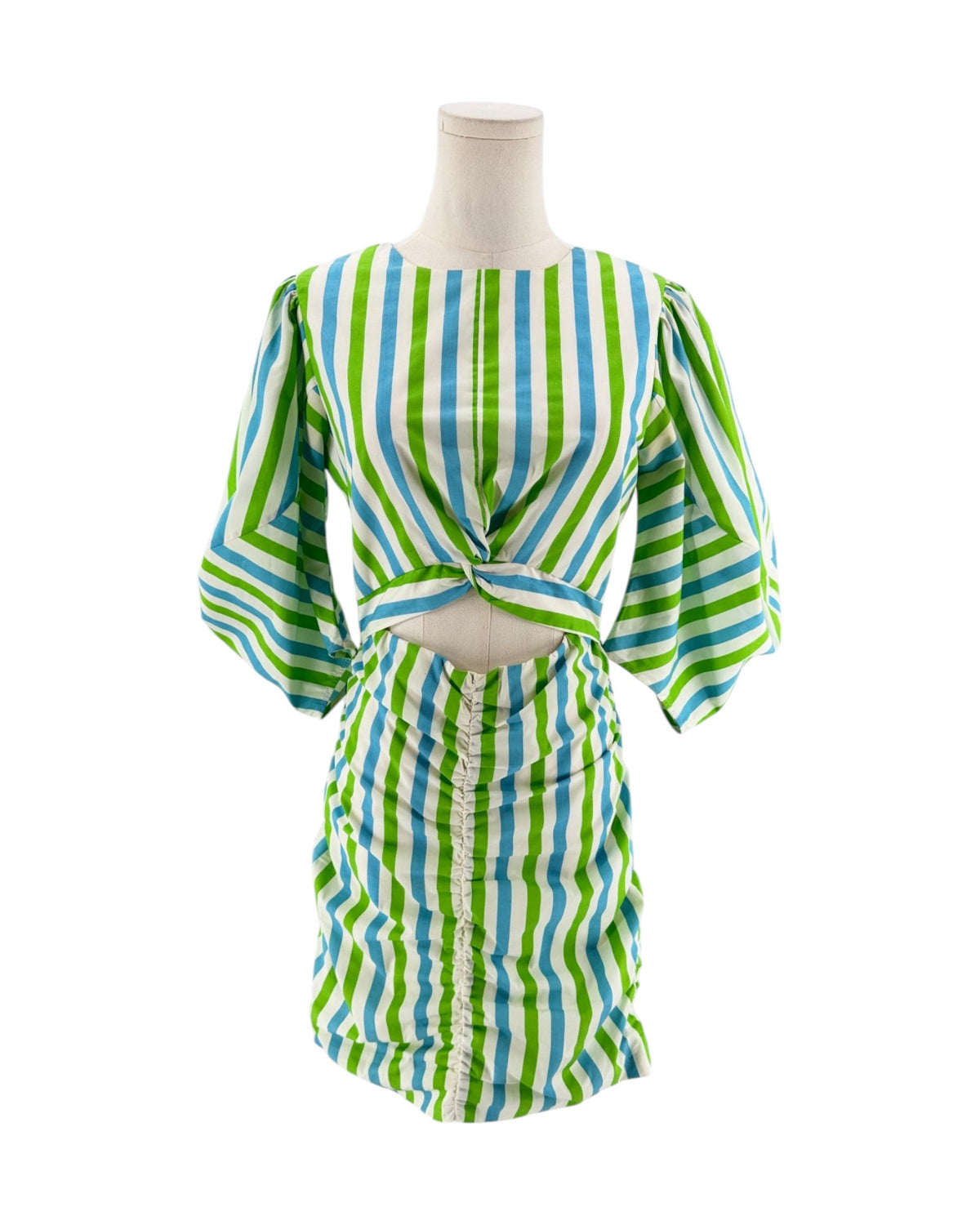 A vintage-style mini dress with vertical lime green, light blue, and white stripes, displayed on a cream mannequin torso against a plain white background.