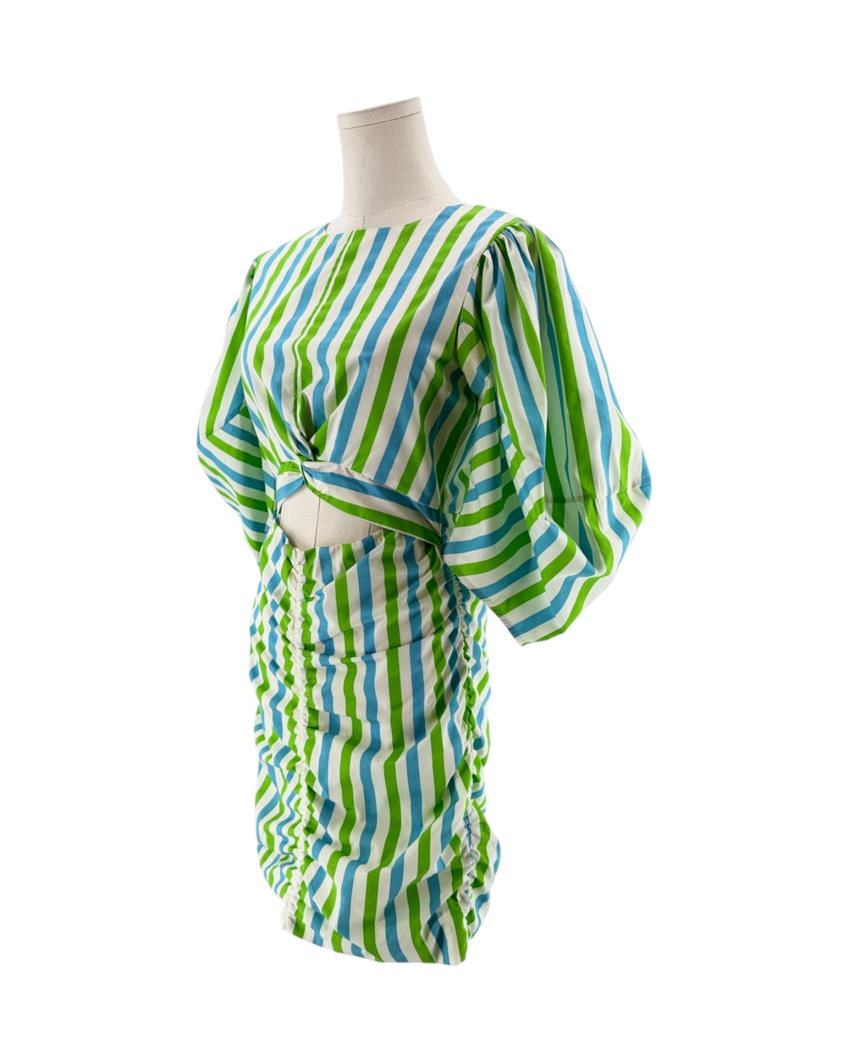 A green, blue, and white striped mini dress displayed on a mannequin torso against a plain white background.