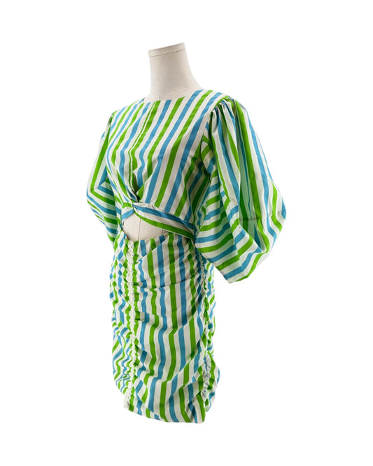 A green, blue, and white striped mini dress displayed on a mannequin torso against a plain white background.