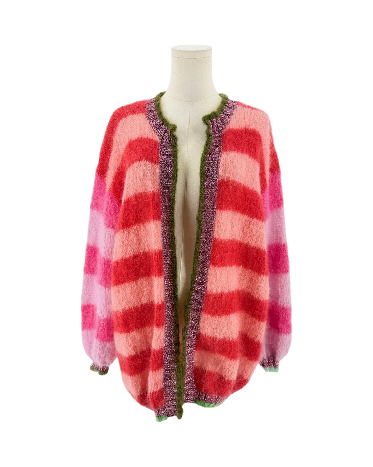 A fuzzy knit sweater with horizontal wavy stripes in shades of red, pink, and coral, displayed on a mannequin from the back against a plain white background.