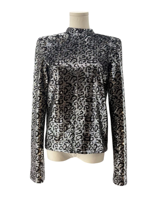 Leopard print long-sleeve top on a mannequin against a white background