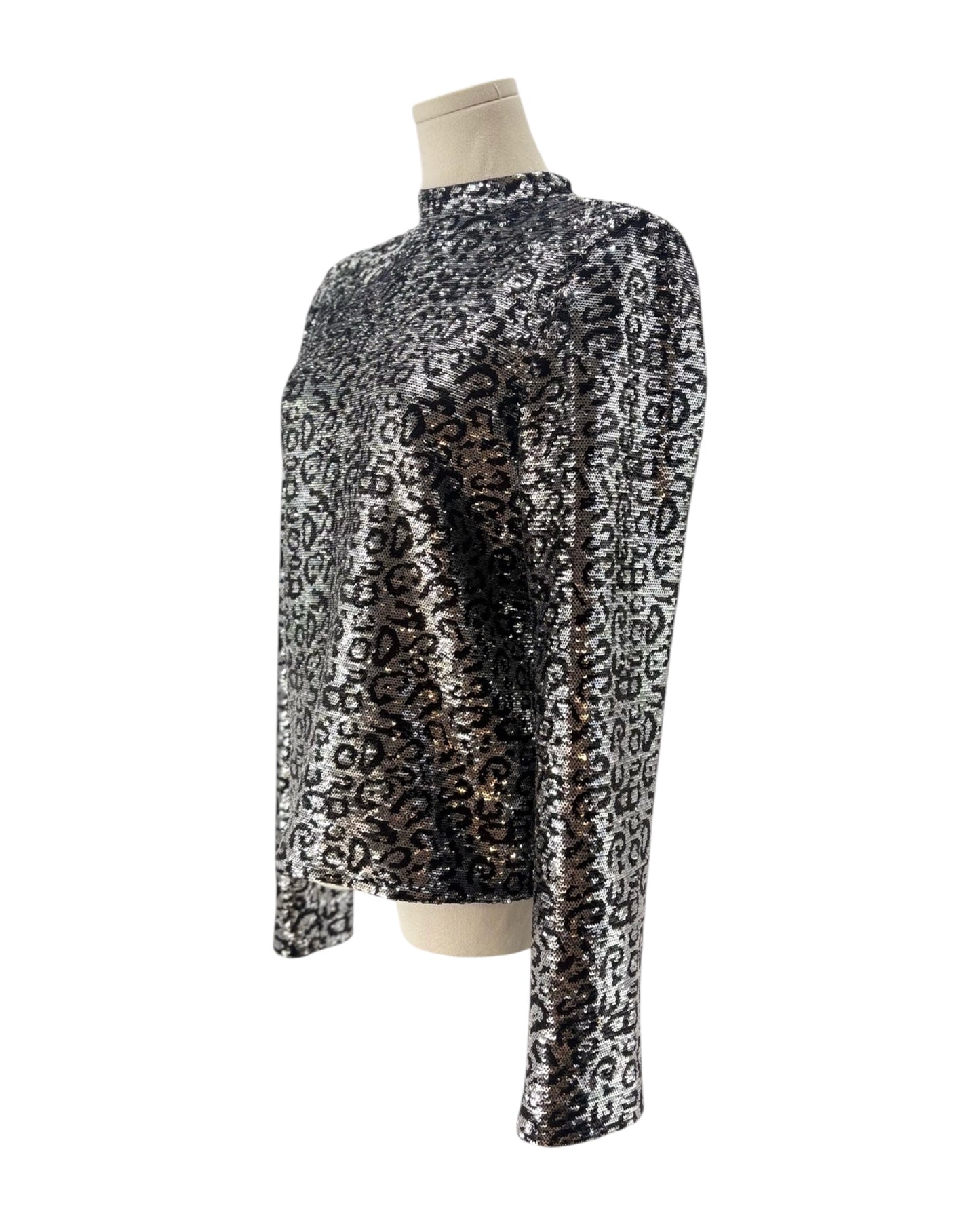 RtA Freddie Long-Sleeve Shoulder-Pad Sequin Leopard Top