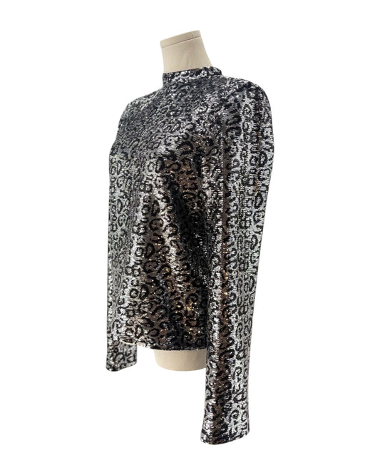 RtA Freddie Long-Sleeve Shoulder-Pad Sequin Leopard Top