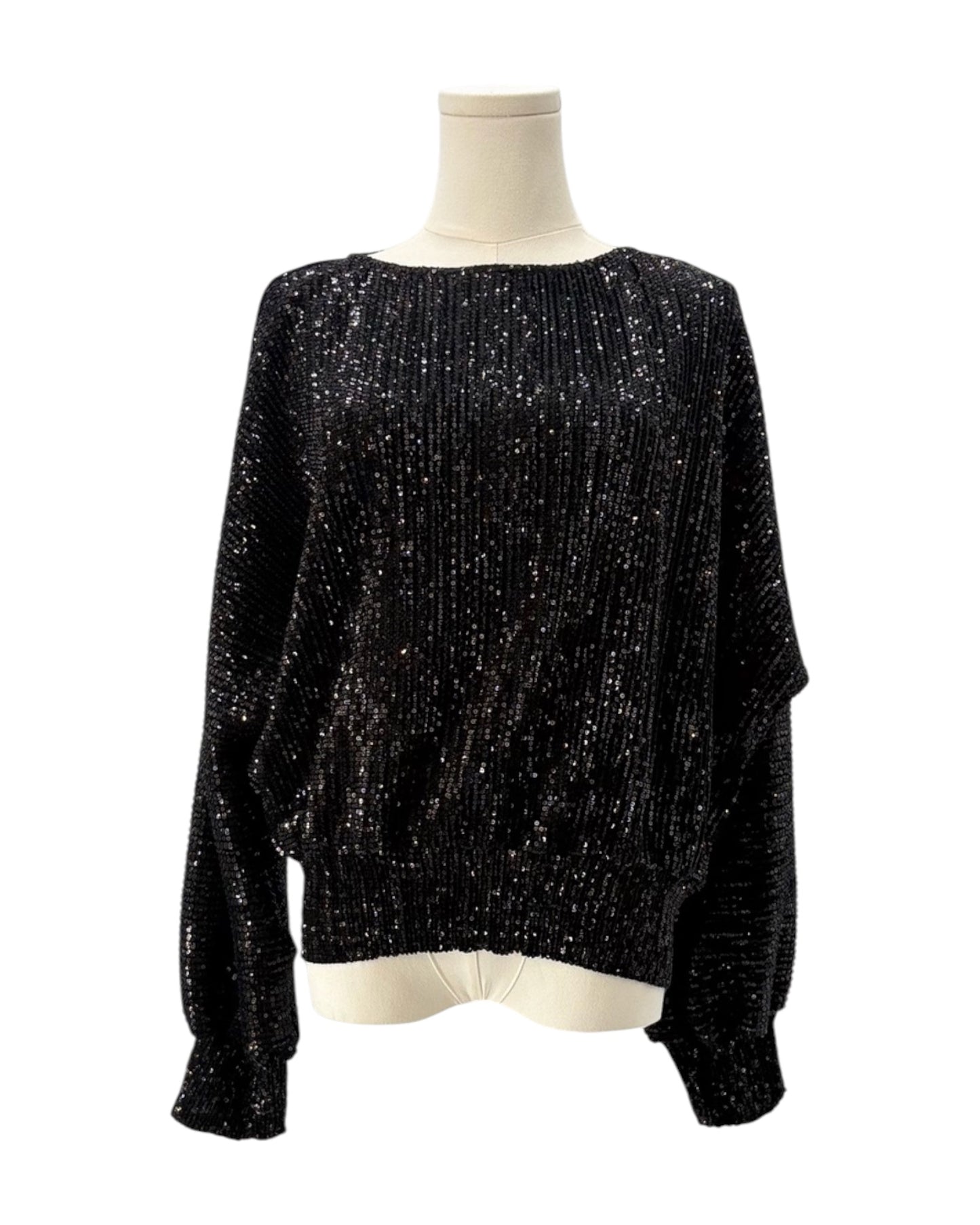 Black sequin blouse on a mannequin against a white background