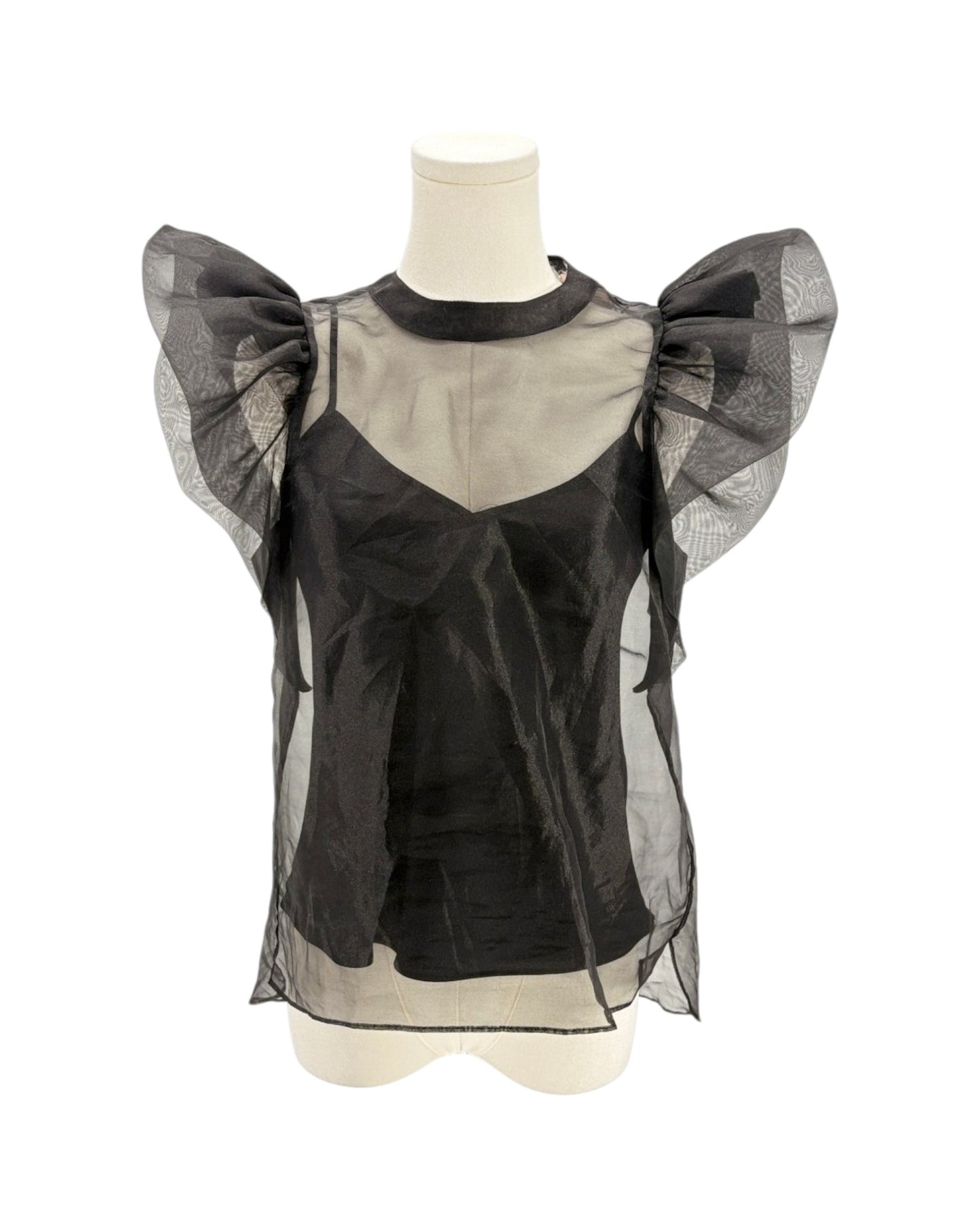 Black blouse with sheer sleeves on a mannequin against a white background