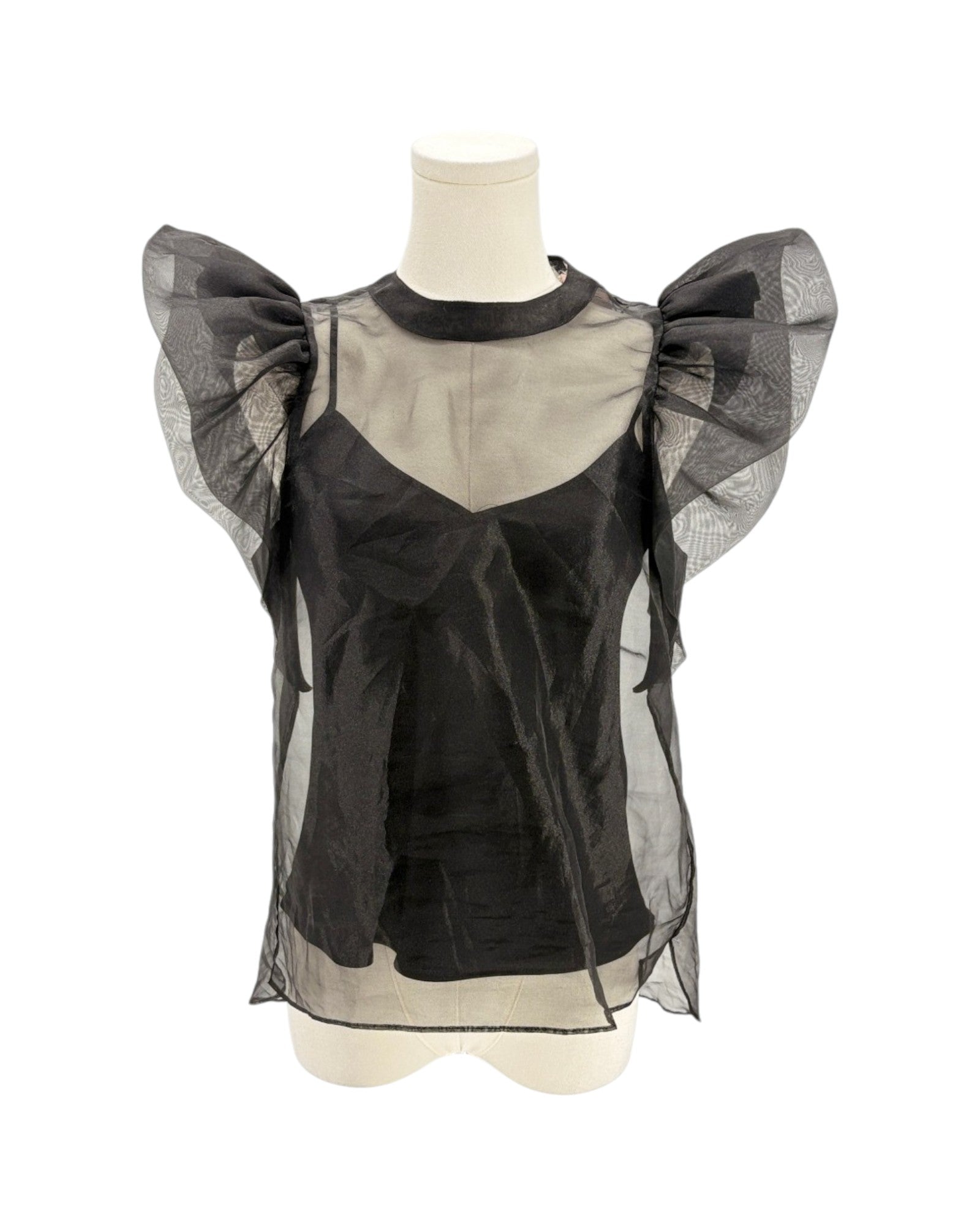 Black blouse with sheer sleeves on a mannequin against a white background