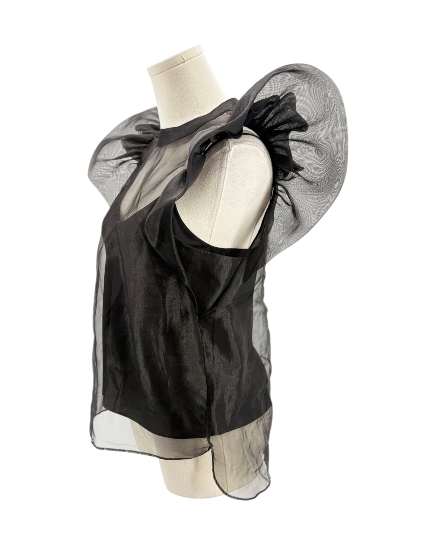 Black sheer top on a mannequin with a white background