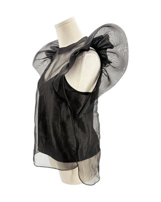 Black sheer top on a mannequin with a white background