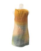 Mannequin wearing a sleeveless dress with a gradient of yellow, green, and pink on a white background