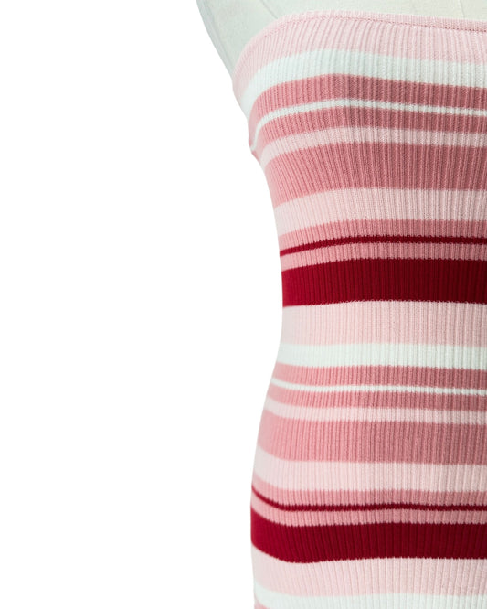Close-up of a ribbed knit dress with horizontal stripes in light pink, medium pink, and dark red on a white background.