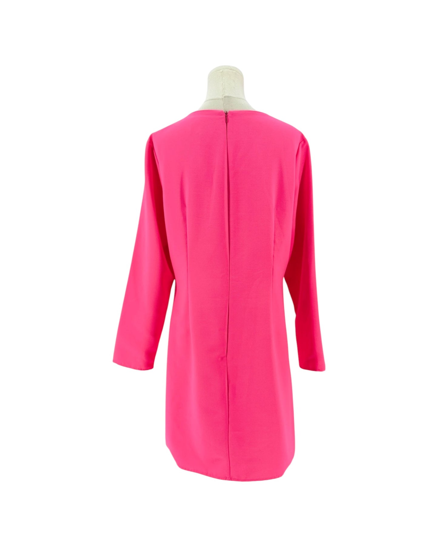 A bright pink long-sleeve dress shown from the back on a mannequin against a plain white background.