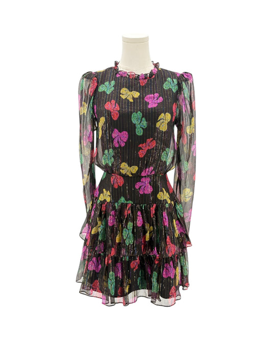 Dress with colorful floral pattern on a mannequin against a white background