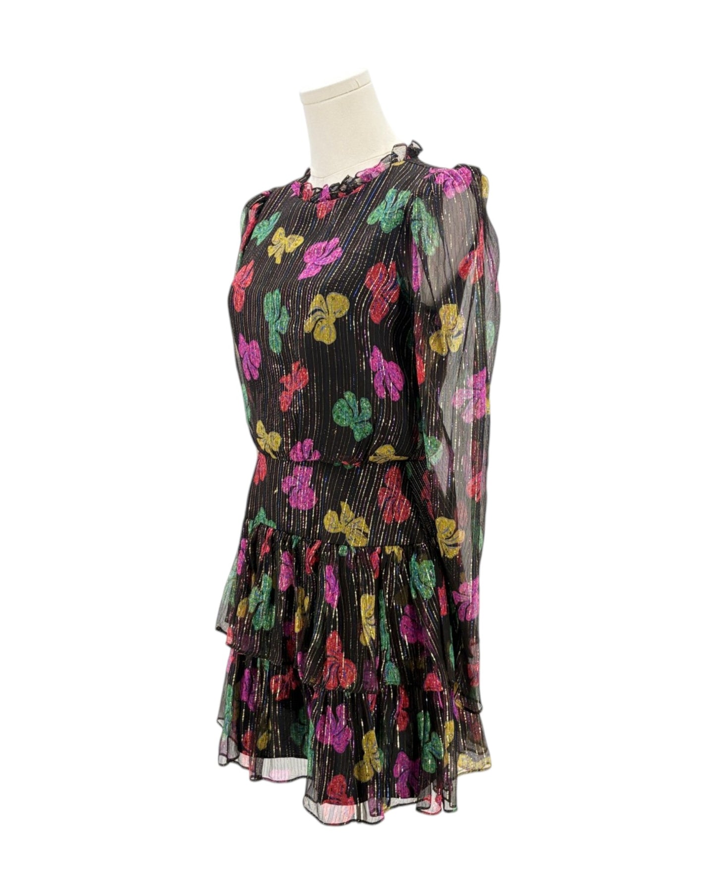 Multicolored floral dress on a mannequin against a white background