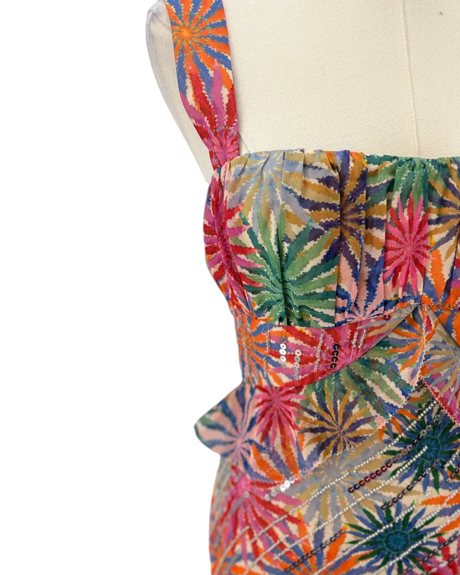 Colorful floral-patterned fabric on a mannequin with a white background