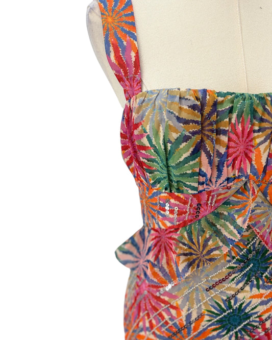 Colorful floral-patterned fabric on a mannequin with a white background