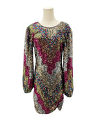 Multicolored sequin dress on a mannequin against a white background