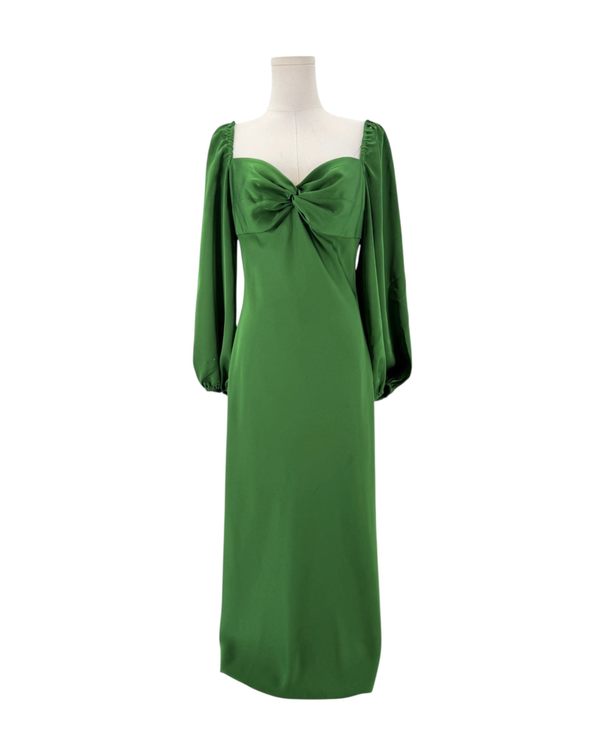 Green Satin midi dress with twisted sweetheart neckline balloon sleeves, cut out in back with tie, side zipper&nbsp;